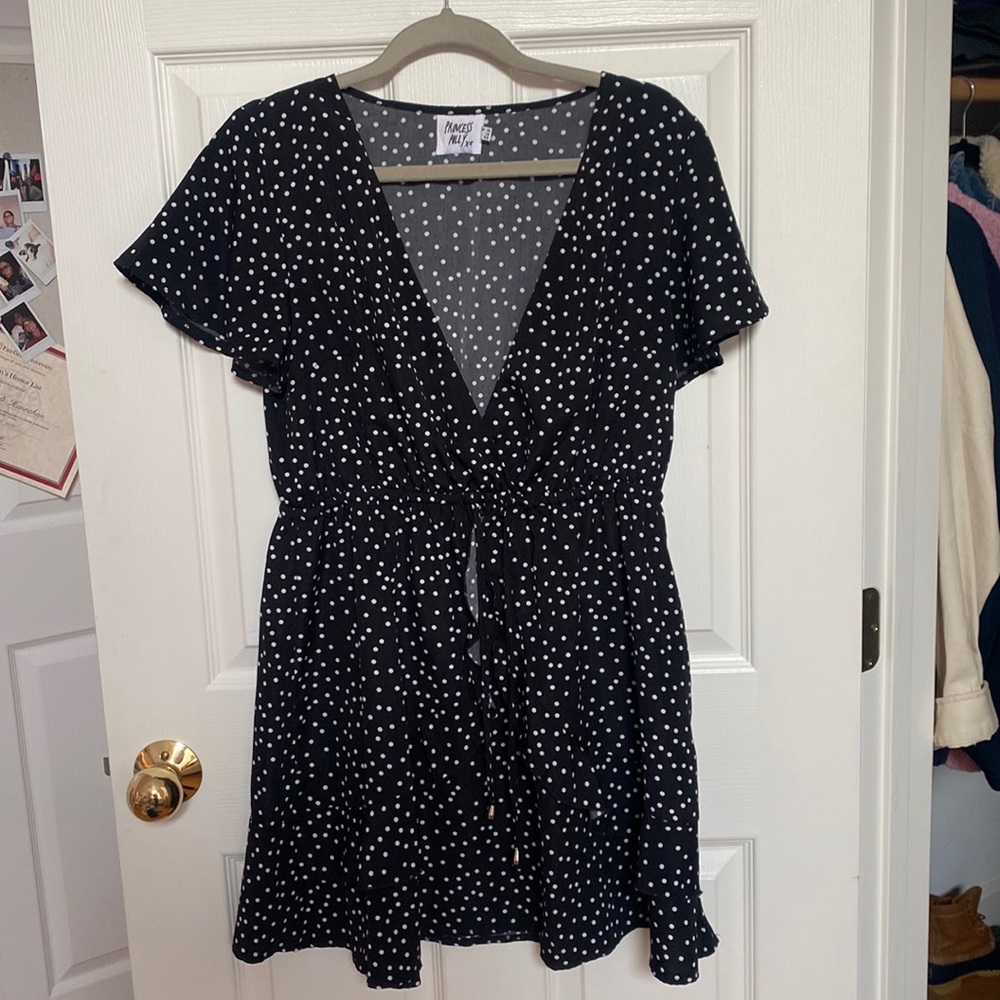 Princess Polly’s black and white polkadotted midi dress